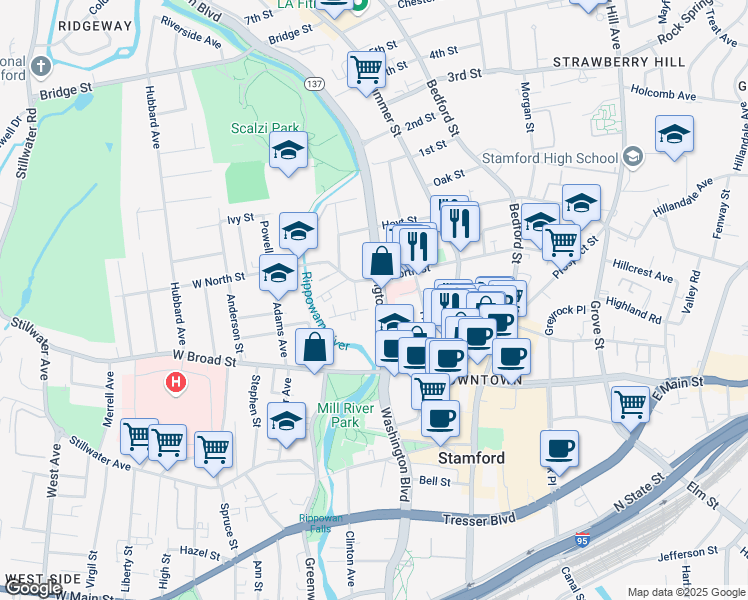 map of restaurants, bars, coffee shops, grocery stores, and more near 1351 Washington Boulevard in Stamford