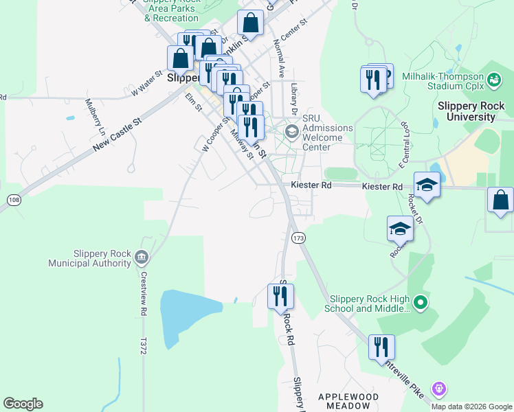 map of restaurants, bars, coffee shops, grocery stores, and more near 104 Fairview Drive in Slippery Rock