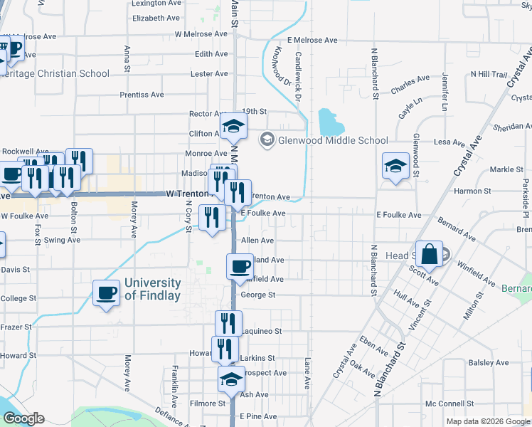 map of restaurants, bars, coffee shops, grocery stores, and more near 200 E Foulke Ave in Findlay