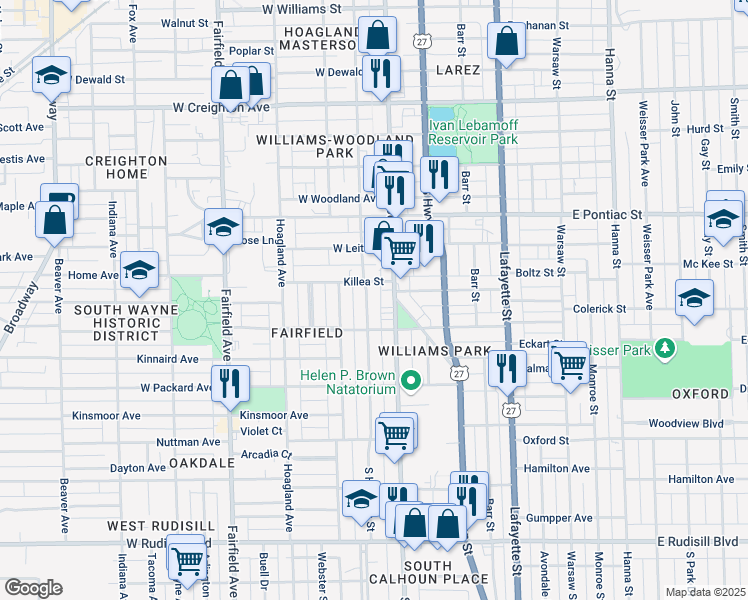 map of restaurants, bars, coffee shops, grocery stores, and more near 2919 South Harrison Street in Fort Wayne