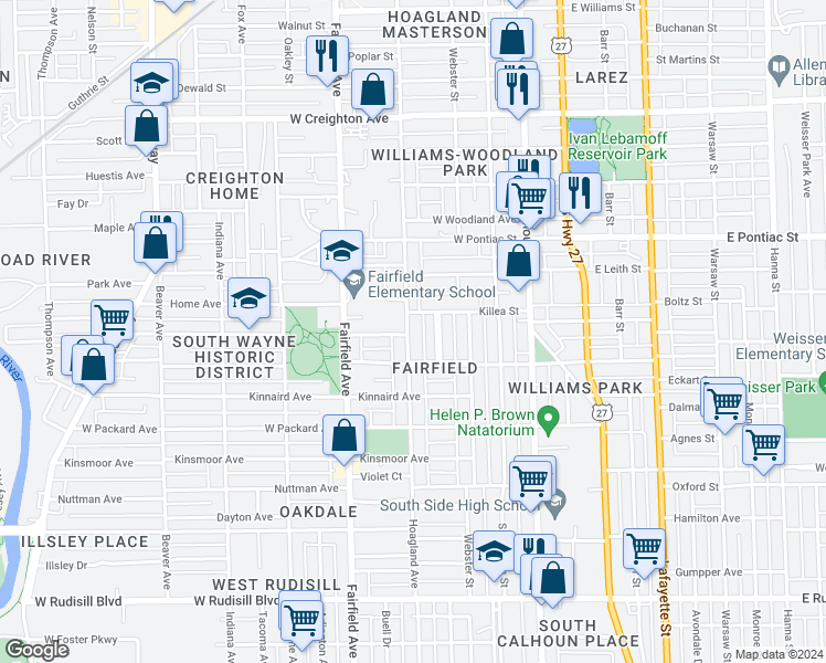 map of restaurants, bars, coffee shops, grocery stores, and more near 2921 Hoagland Avenue in Fort Wayne