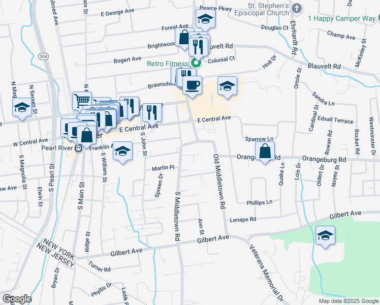 map of restaurants, bars, coffee shops, grocery stores, and more near 15 Hilltop Drive in Pearl River