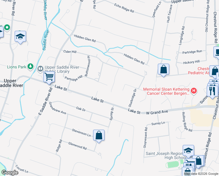 map of restaurants, bars, coffee shops, grocery stores, and more near 13 Peach Tree Place in Upper Saddle River