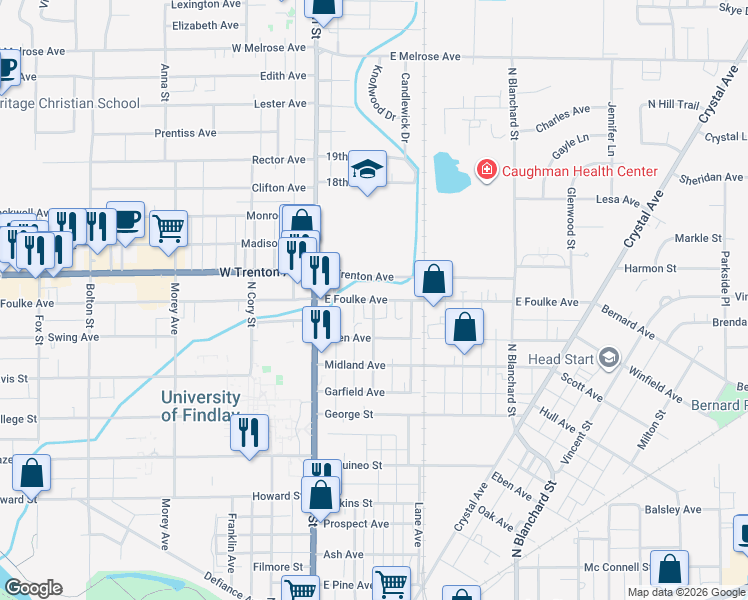map of restaurants, bars, coffee shops, grocery stores, and more near 200 East Foulke Avenue in Findlay
