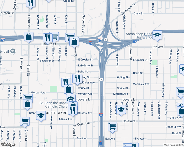 map of restaurants, bars, coffee shops, grocery stores, and more near 604 Baird Street in Akron