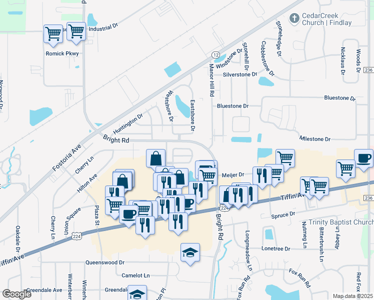 map of restaurants, bars, coffee shops, grocery stores, and more near 1327 Chateau Circle in Findlay