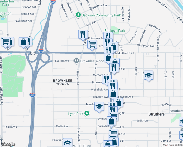 map of restaurants, bars, coffee shops, grocery stores, and more near 1972 Medford Avenue in Youngstown