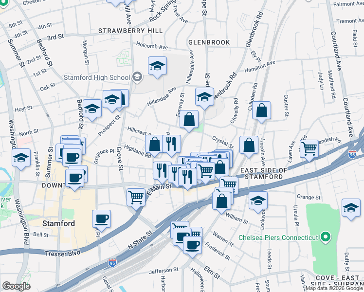 map of restaurants, bars, coffee shops, grocery stores, and more near 77 Glenbrook Road in Stamford