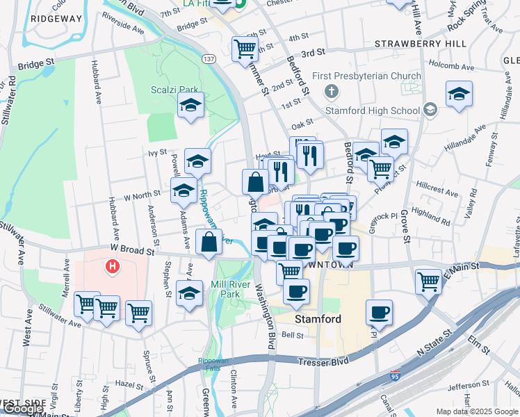map of restaurants, bars, coffee shops, grocery stores, and more near 1351 Washington Boulevard in Stamford