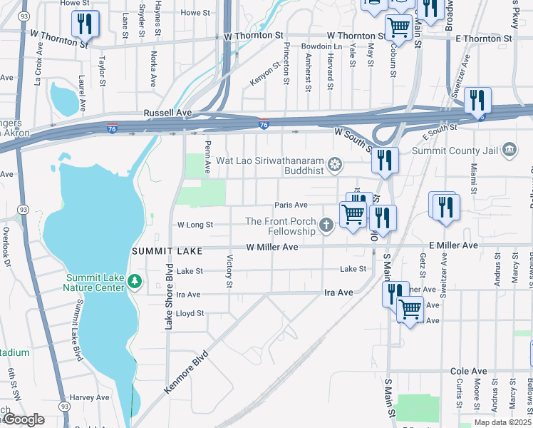 map of restaurants, bars, coffee shops, grocery stores, and more near 1058 Princeton Street in Akron