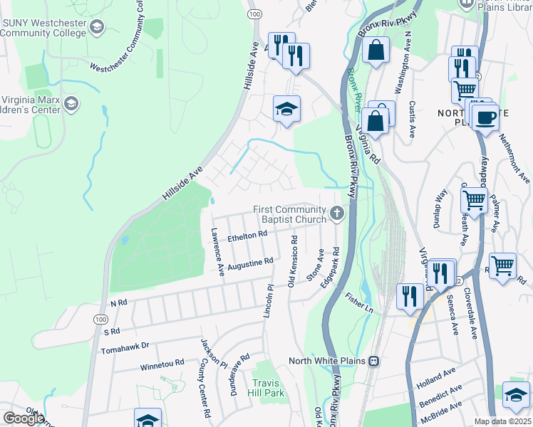 map of restaurants, bars, coffee shops, grocery stores, and more near 69 Maryton Road in White Plains