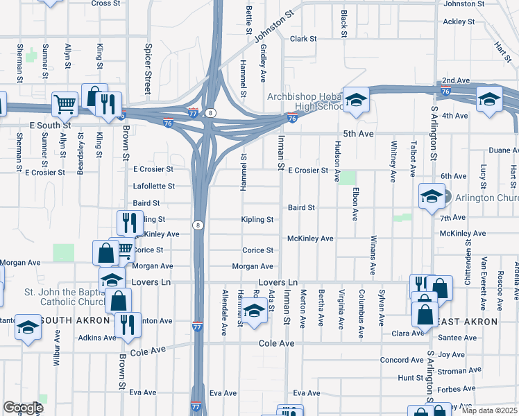 map of restaurants, bars, coffee shops, grocery stores, and more near 756 Baird Street in Akron