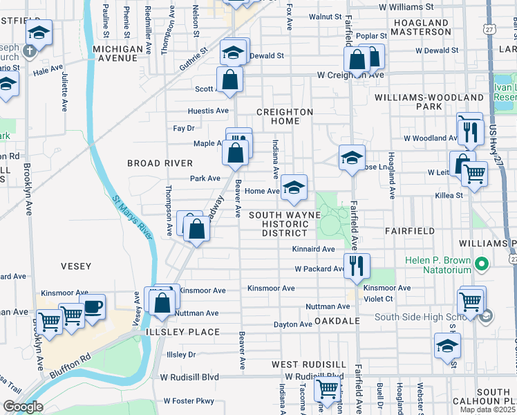 map of restaurants, bars, coffee shops, grocery stores, and more near 940 Cottage Avenue in Fort Wayne