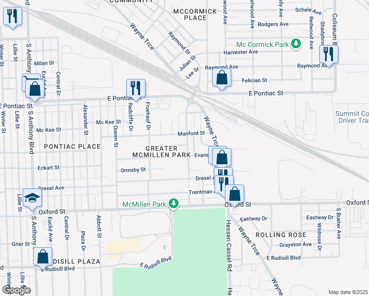 map of restaurants, bars, coffee shops, grocery stores, and more near 2828 Mauldin Drive in Fort Wayne