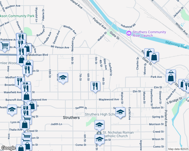 map of restaurants, bars, coffee shops, grocery stores, and more near 495 5th Street in Struthers
