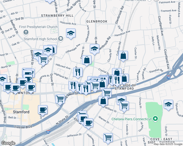 map of restaurants, bars, coffee shops, grocery stores, and more near 120 Lafayette Street in Stamford
