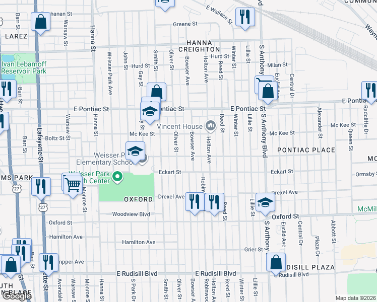 map of restaurants, bars, coffee shops, grocery stores, and more near 2940 Bowser Avenue in Fort Wayne