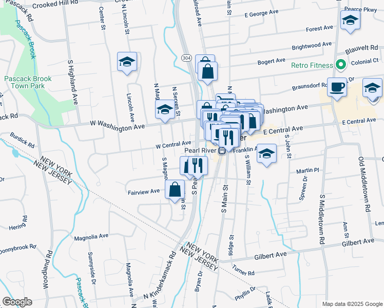 map of restaurants, bars, coffee shops, grocery stores, and more near 18 South Serven Street in Pearl River