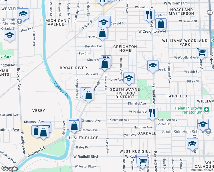 map of restaurants, bars, coffee shops, grocery stores, and more near 1026 Cottage Avenue in Fort Wayne