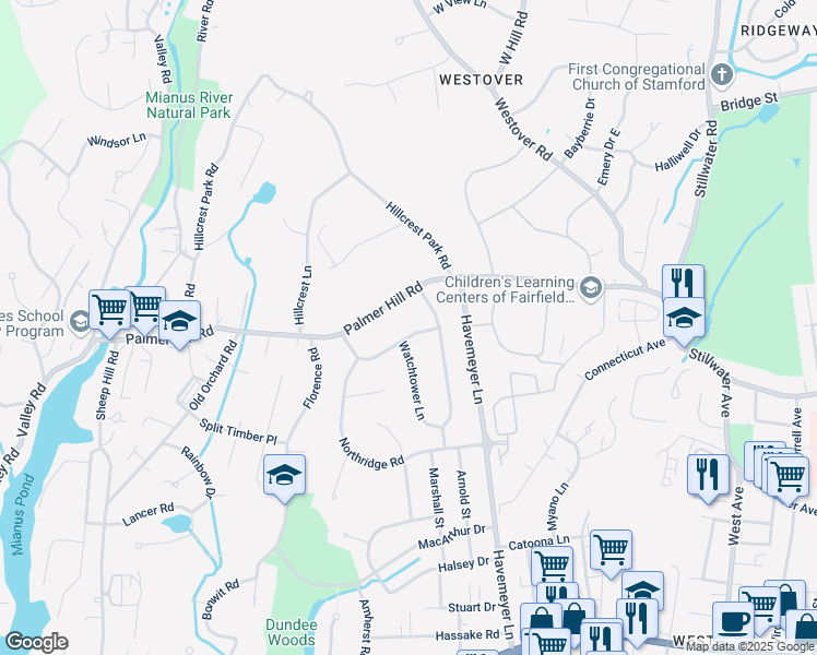 map of restaurants, bars, coffee shops, grocery stores, and more near 5 Cross Ridge Drive in Greenwich