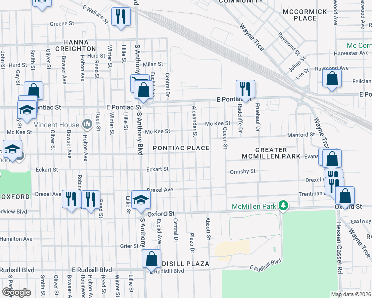 map of restaurants, bars, coffee shops, grocery stores, and more near 2941 Plaza Drive in Fort Wayne