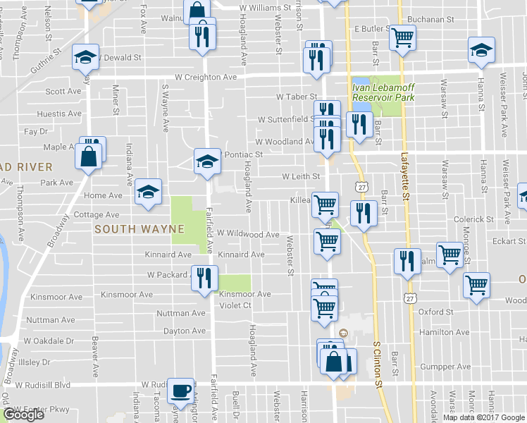 map of restaurants, bars, coffee shops, grocery stores, and more near 2916 Shawnee Drive in Fort Wayne