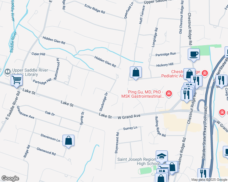 map of restaurants, bars, coffee shops, grocery stores, and more near 99 Buckhaven Hill in Upper Saddle River