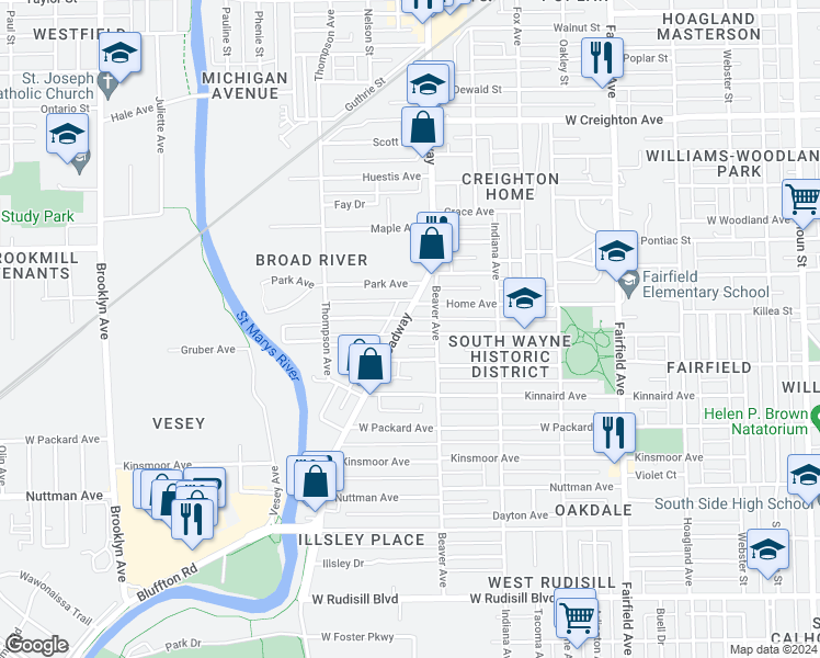 map of restaurants, bars, coffee shops, grocery stores, and more near 2927 Broadway in Fort Wayne