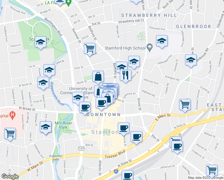 map of restaurants, bars, coffee shops, grocery stores, and more near 289 Bedford Street in Stamford