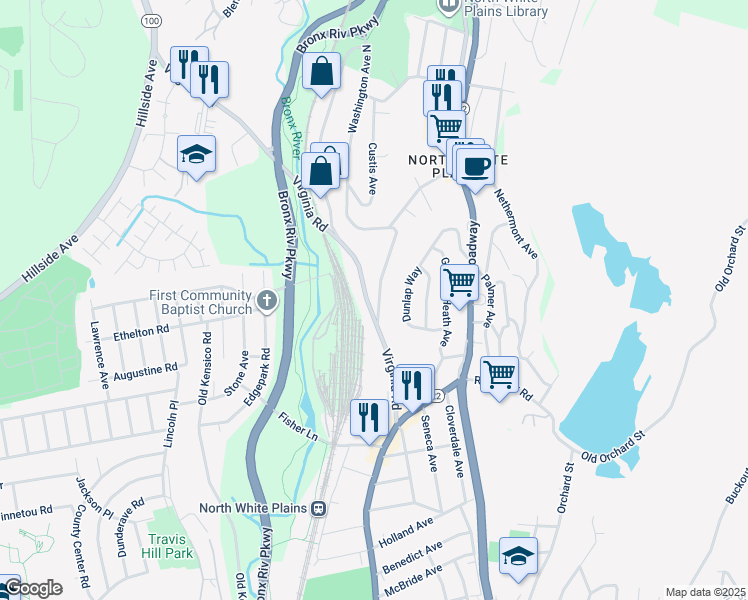 map of restaurants, bars, coffee shops, grocery stores, and more near 15 Washington Avenue North in White Plains