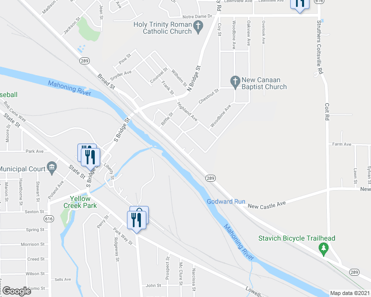 map of restaurants, bars, coffee shops, grocery stores, and more near 282 Broad Street in Struthers