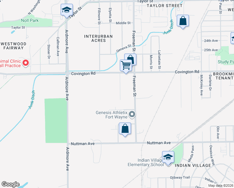 map of restaurants, bars, coffee shops, grocery stores, and more near 2806 Rousseau Avenue in Fort Wayne