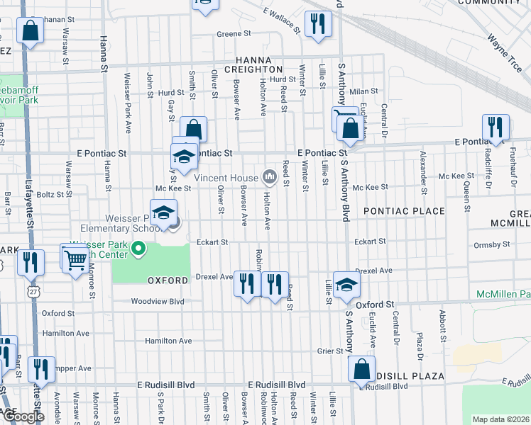map of restaurants, bars, coffee shops, grocery stores, and more near 2940 Holton Avenue in Fort Wayne