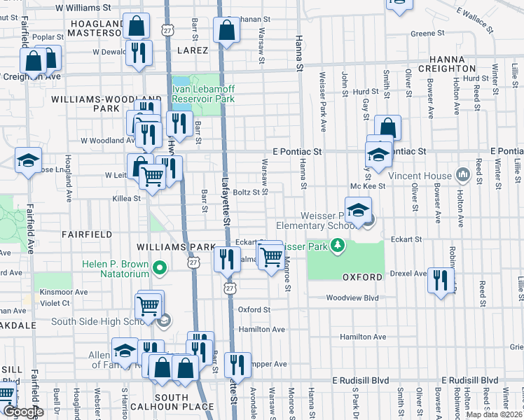 map of restaurants, bars, coffee shops, grocery stores, and more near 2934 Warsaw Street in Fort Wayne
