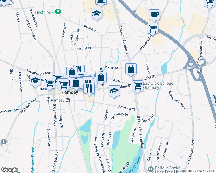 map of restaurants, bars, coffee shops, grocery stores, and more near 213 East Main Street in Ramsey