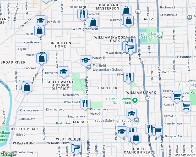 map of restaurants, bars, coffee shops, grocery stores, and more near 414 Downing Avenue in Fort Wayne