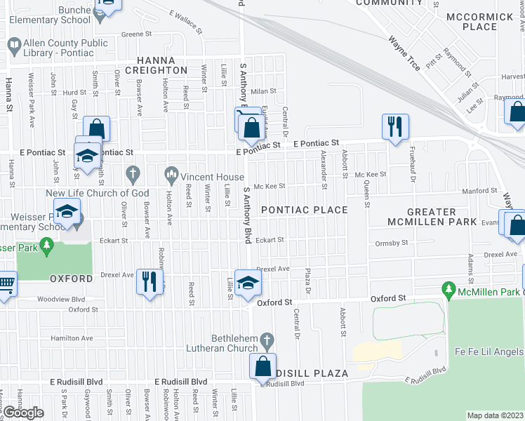 map of restaurants, bars, coffee shops, grocery stores, and more near 2940 Euclid Avenue in Fort Wayne