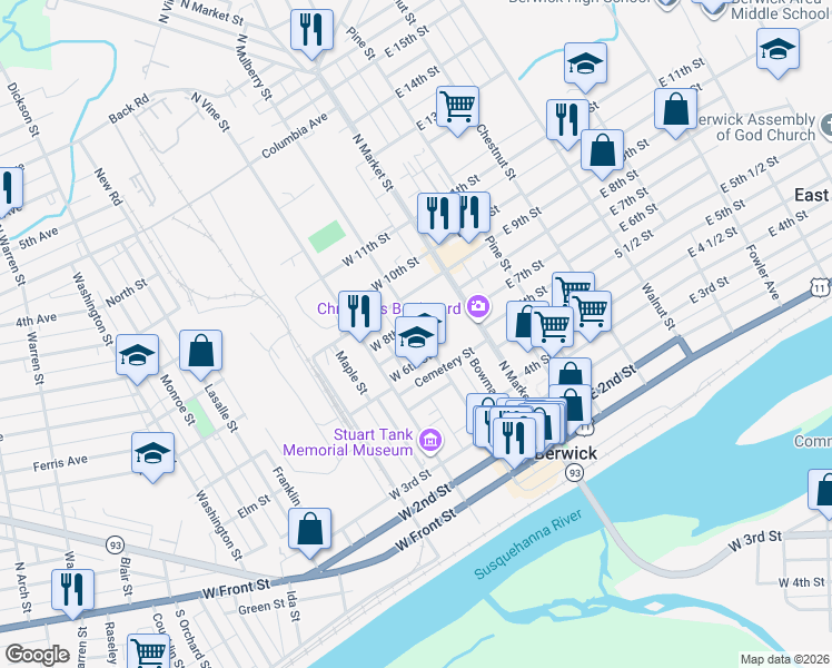 map of restaurants, bars, coffee shops, grocery stores, and more near 621 North Mulberry Street in Berwick