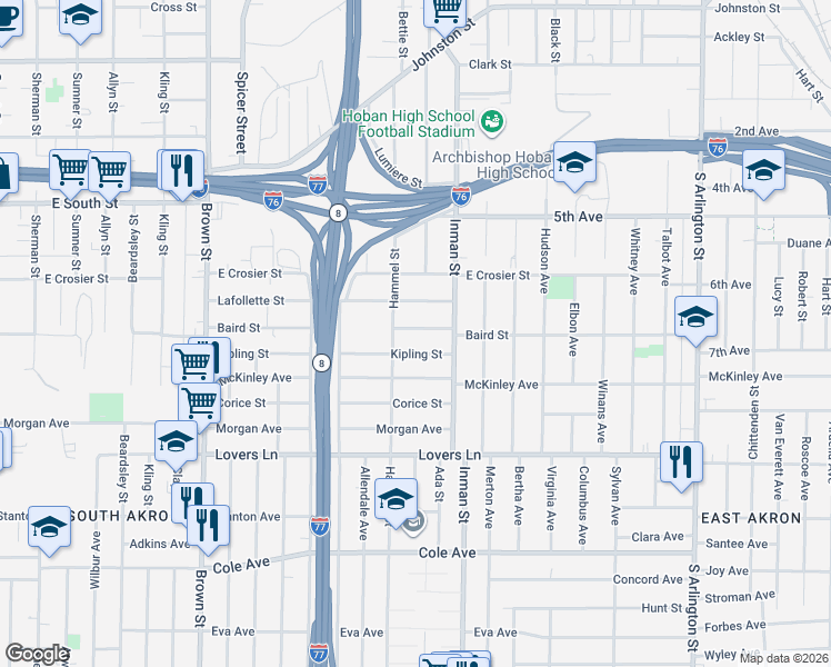 map of restaurants, bars, coffee shops, grocery stores, and more near 734 Baird Street in Akron