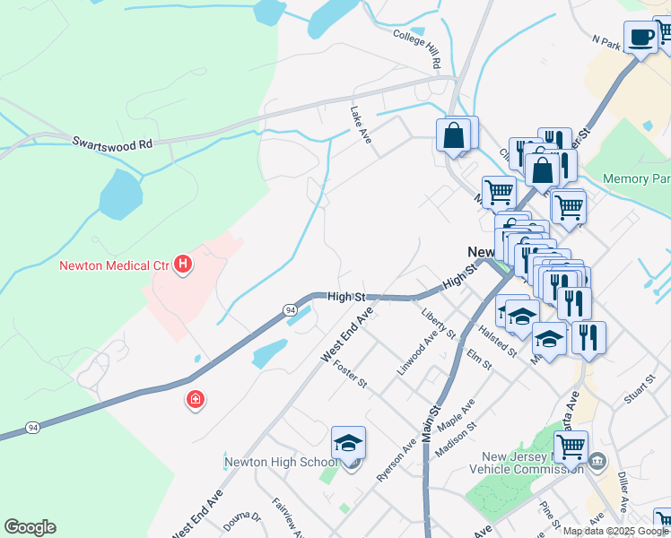 map of restaurants, bars, coffee shops, grocery stores, and more near 12 Shady Lane in Newton