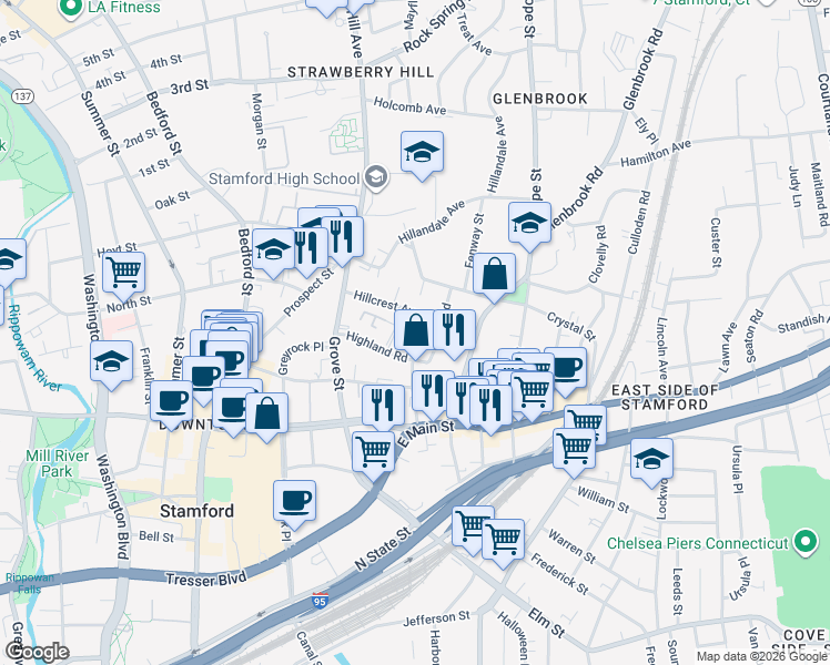 map of restaurants, bars, coffee shops, grocery stores, and more near 8 Terrace Place in Stamford
