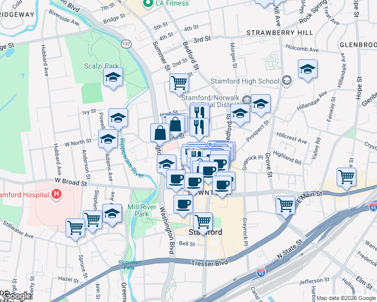 map of restaurants, bars, coffee shops, grocery stores, and more near 700 Summer Street in Stamford