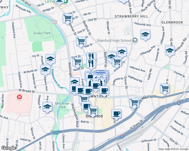 map of restaurants, bars, coffee shops, grocery stores, and more near 707 Summer Street in Stamford