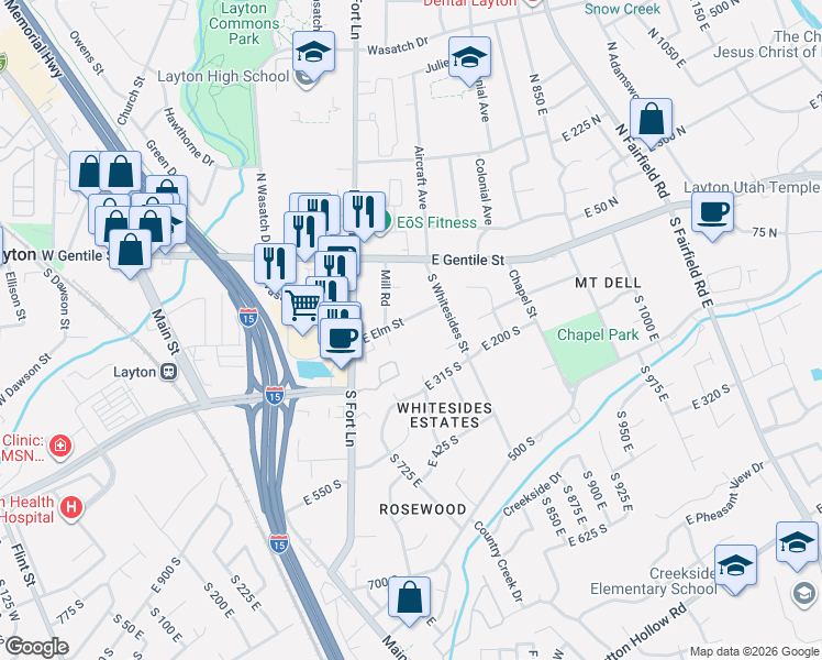 map of restaurants, bars, coffee shops, grocery stores, and more near 522 East Elm Street in Layton