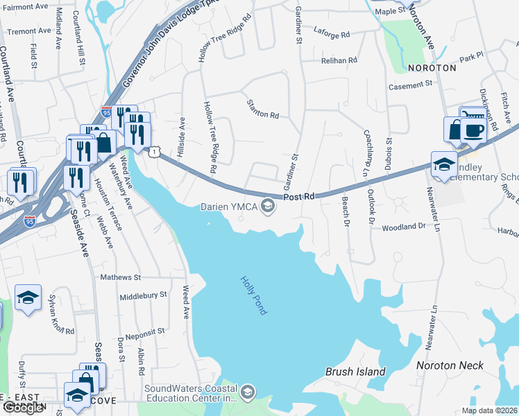 map of restaurants, bars, coffee shops, grocery stores, and more near 6 Weeds Landing in Darien