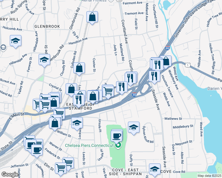 map of restaurants, bars, coffee shops, grocery stores, and more near 29 Standish Road in Stamford