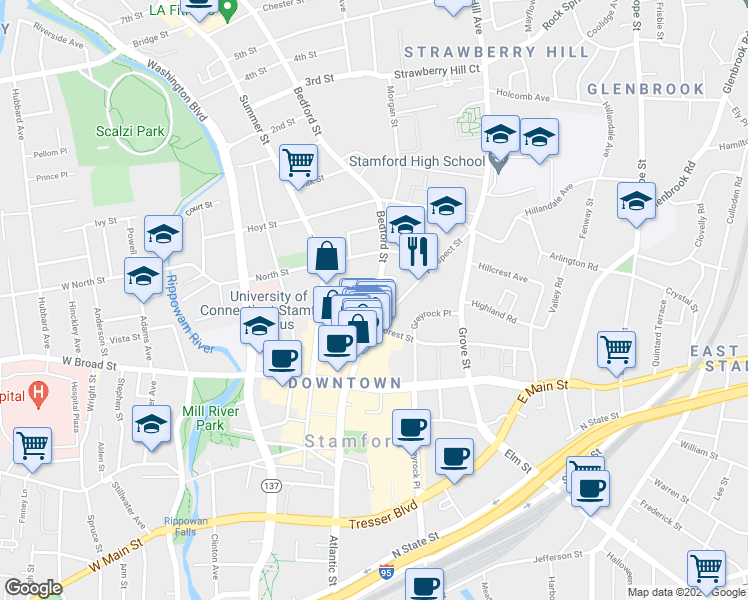map of restaurants, bars, coffee shops, grocery stores, and more near 289 Bedford Street in Stamford