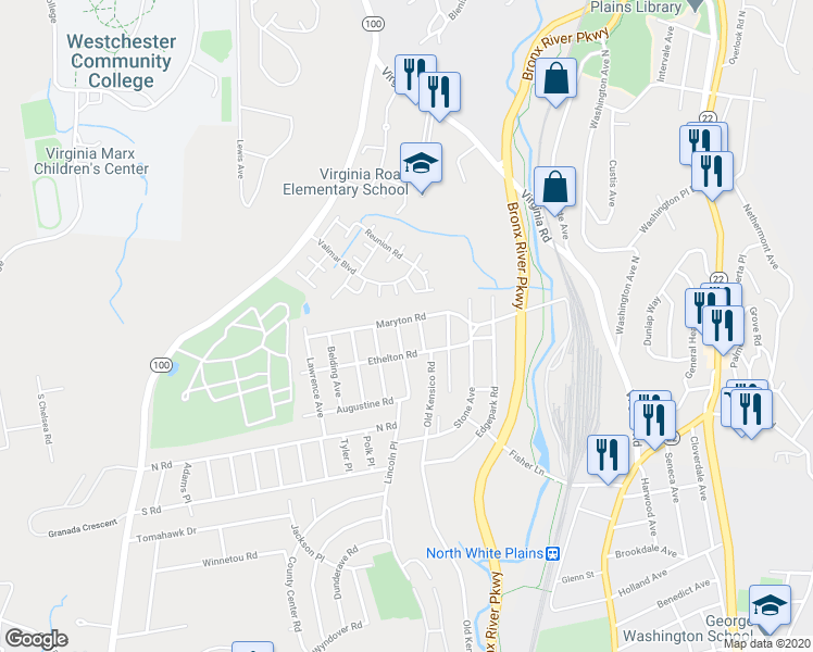 map of restaurants, bars, coffee shops, grocery stores, and more near 69 Maryton Road in White Plains