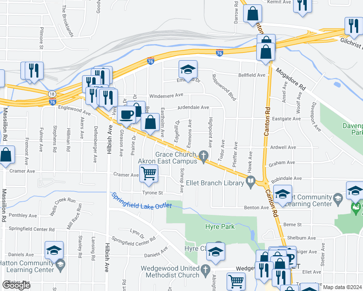map of restaurants, bars, coffee shops, grocery stores, and more near 2281 East Market Street in Akron