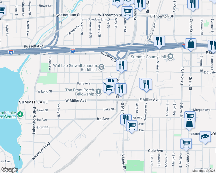 map of restaurants, bars, coffee shops, grocery stores, and more near 54 Paris Avenue in Akron